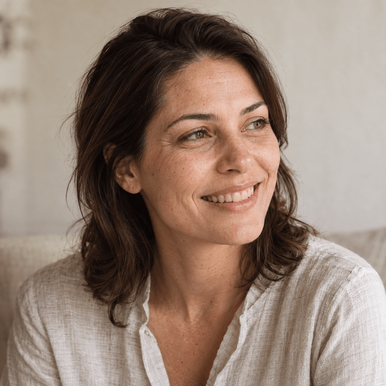 Mulher sorrindo naturalmente sob luz suave